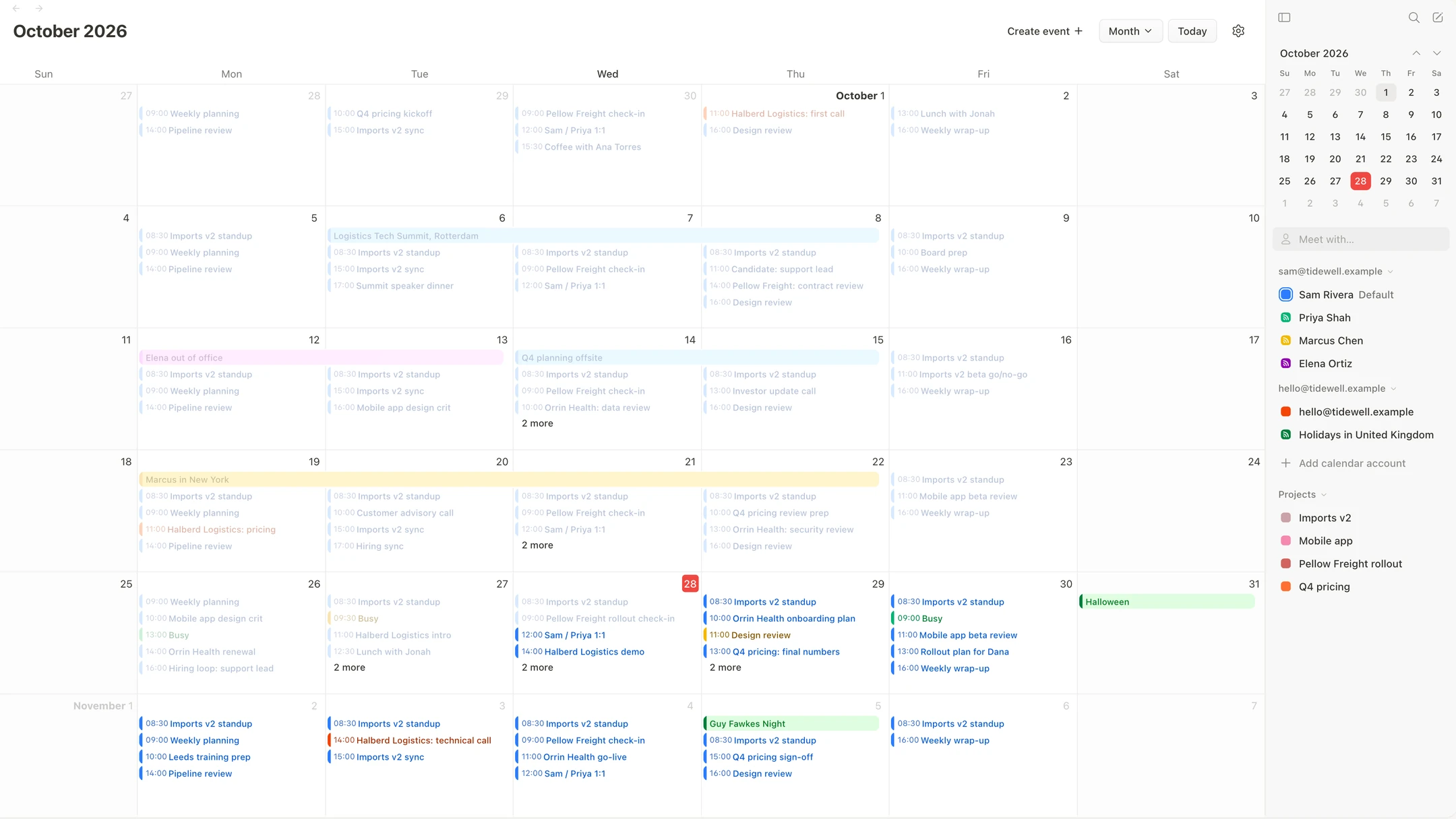 Nova’s calendar: October as a month, every meeting coloured by its calendar, with all-day events and the days that overflow.