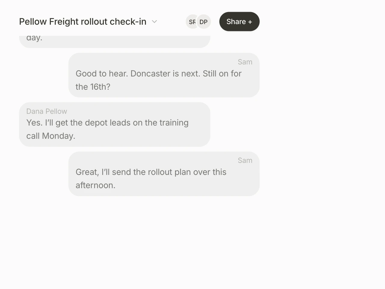 A call recording in Nova: Sam and Dana’s rollout check-in with its transcript coming in turn by turn, and the recording pill floating over it.