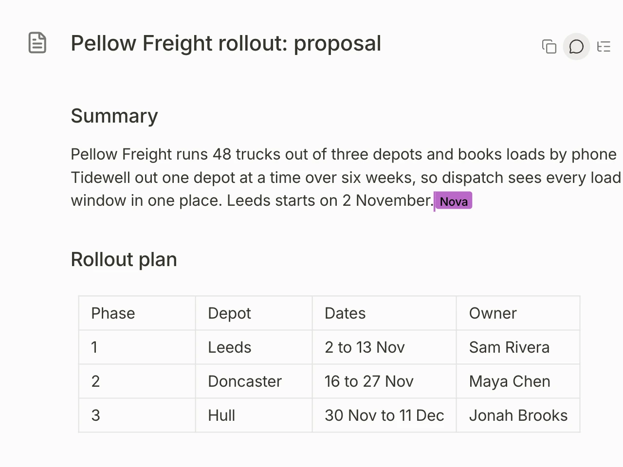 A rollout proposal in Nova’s document editor, drafted from a call, with Nova writing a new line into its summary.